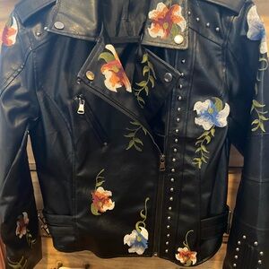 Embroidered Black Faux Leather Moto Jacket  Size Small/Medium